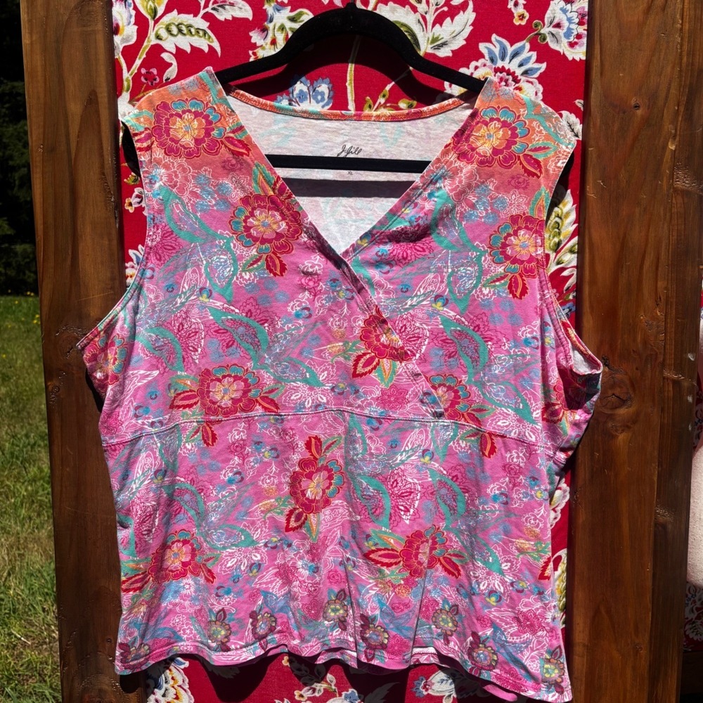 J. Jill Pink Floral Paisley Boho Indie‎ Beachy Cross Over Tank Top Size XL